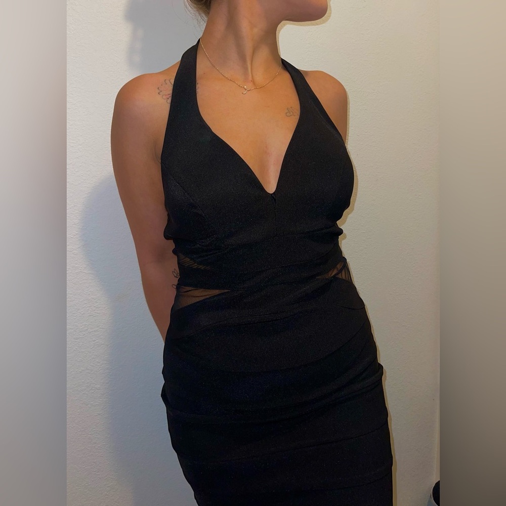 Crystal Doll Black Bodycon Dress with Cut Out Ruched Details